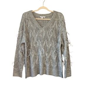 Chicos XL‎ Gray Metallic Feather Accent Open Knit V-Neck Sweater Sparkle Glam